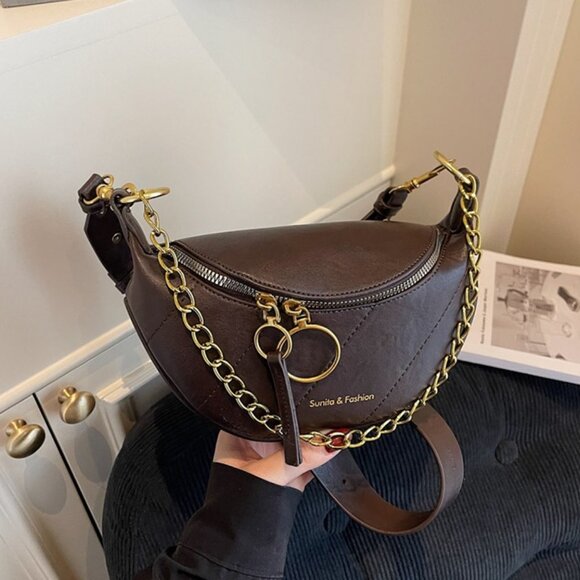 Brown Quilted Crescent Shoulder Bag - Picture 1 of 5